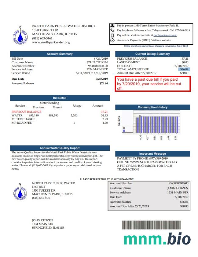 USA Illinois North Park Public Water District il rachunek za media szablon w formacie Word i PDF